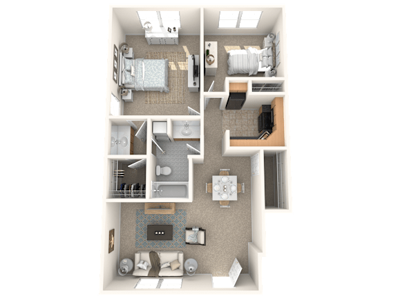 A top-down view of a house layout with a living room, kitchen, dining area, and bedrooms.