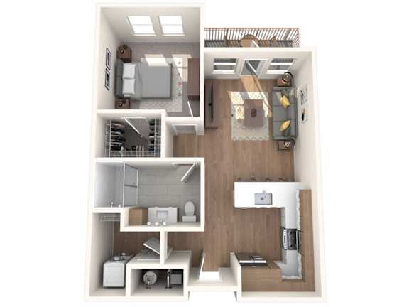 A 3D floor plan of a small apartment with a kitchen, living room, and bathroom.