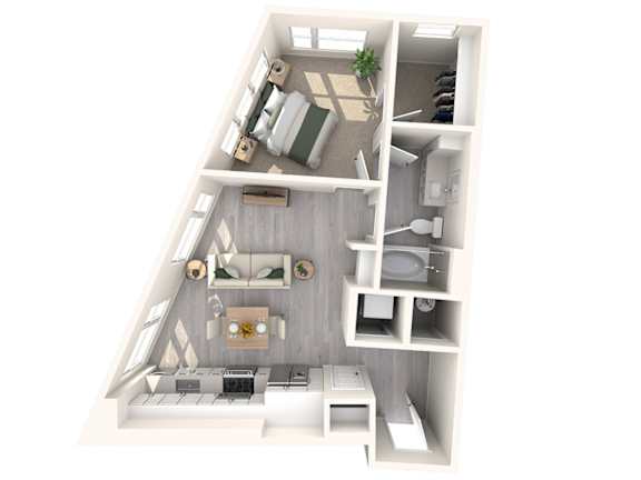 A 3D floor plan of a small apartment with a kitchen, living room, and bedroom.