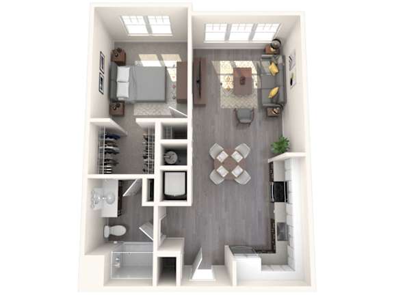 A top-down view of a small, neatly organized apartment.