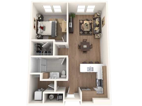 A top-down view of a small apartment with a kitchen, living room, and bathroom.