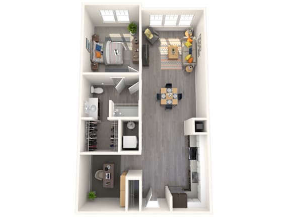 A top-down view of a small apartment with a kitchen, living room, and bathroom.