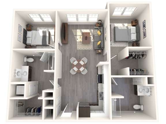 A 3D rendered image of a small apartment layout.
