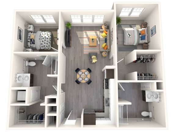 A 3D rendered image of a modern apartment layout.