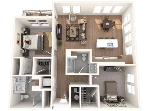 A 3D floor plan of a small apartment with a kitchen, living room, and bedrooms.