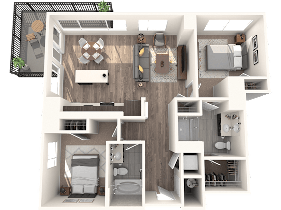 A top-down view of a house layout with a kitchen, living room, dining area, and bathrooms.