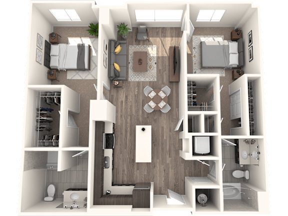 A 3D rendered image of a modern apartment layout.