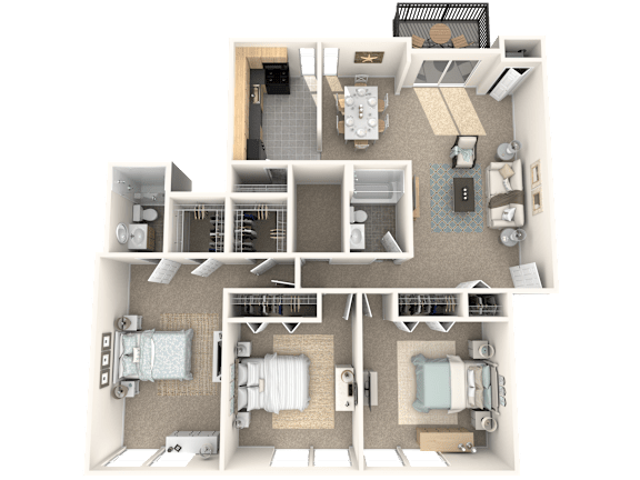 A 3D floor plan of a house with a kitchen, living room, and two bedrooms.