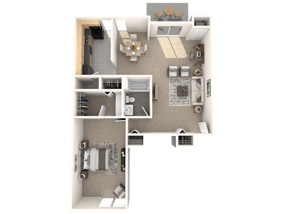A 3D floor plan of a house with a kitchen, living room, dining room, and bathroom.