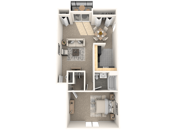 A 3D floor plan of a small apartment with a kitchen, living room, and bathroom.