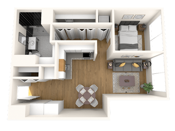 A 3D rendered image of a house layout.