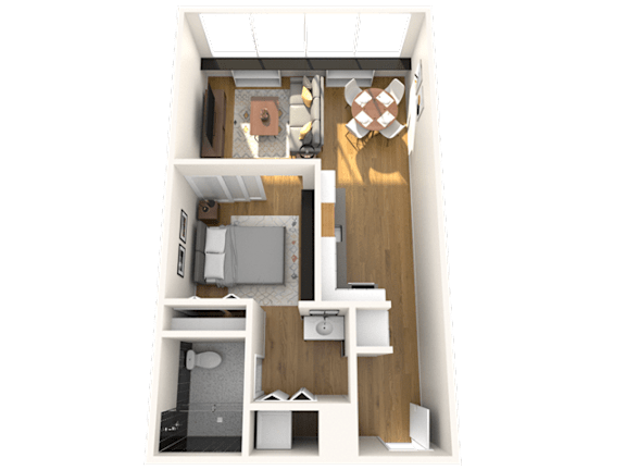 A 3D floor plan of a small apartment with a kitchen, living room, and bathroom.