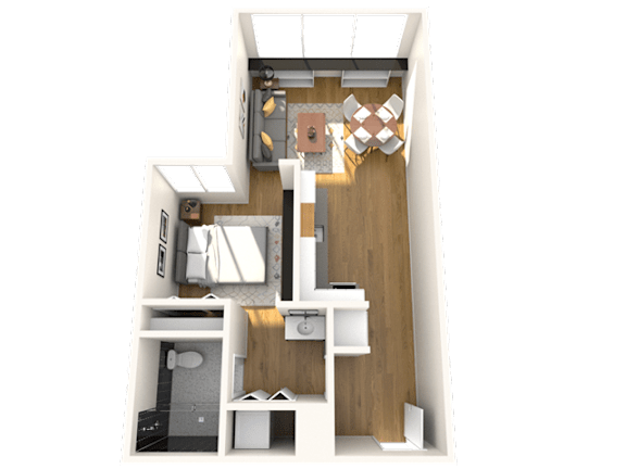 A 3D rendered image of a small apartment layout.