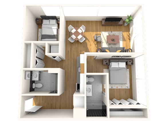 A 3D rendered image of a small apartment layout.