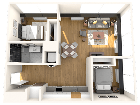 A 3D rendered image of a small apartment layout.
