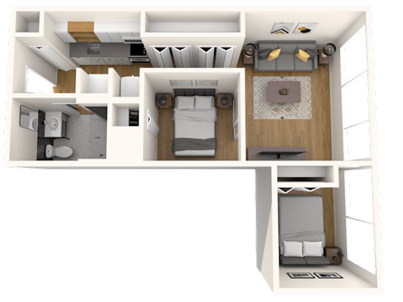 A 3D floor plan of a small apartment with a bedroom, living room, and kitchen.