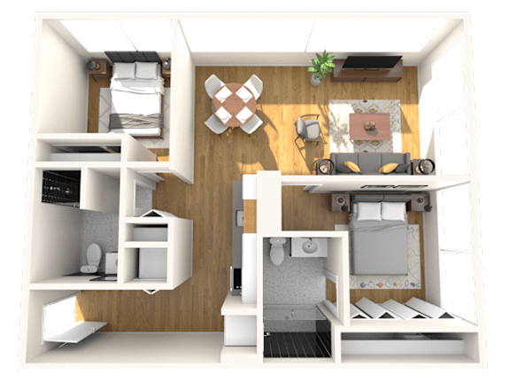 A 3D rendered image of a small apartment layout.