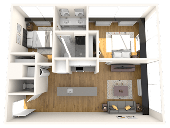 A 3D rendered image of a modern apartment layout.