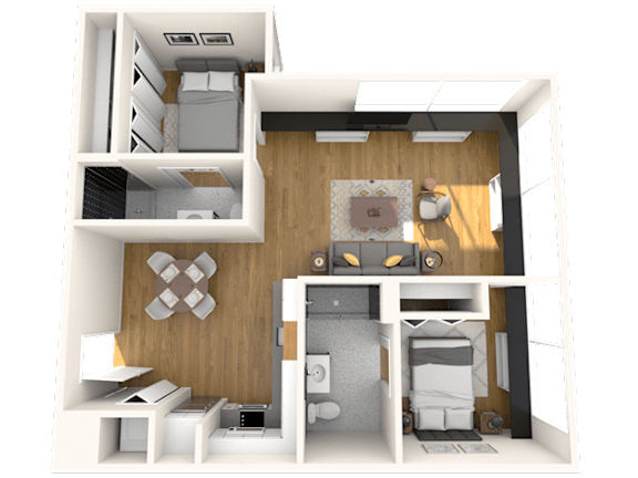 A 3D rendered image of a small apartment layout.