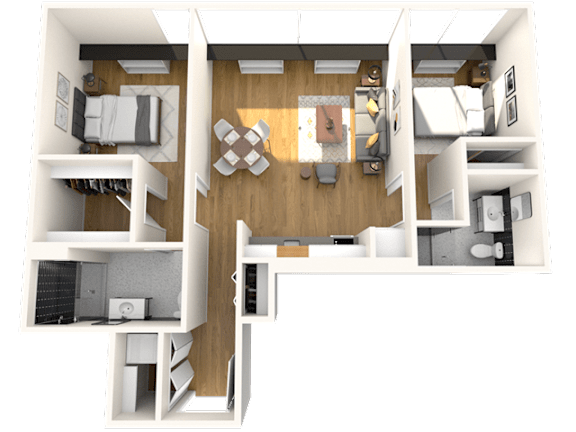 A 3D floor plan of a house with a kitchen, living room, and bedrooms.