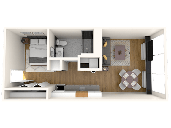 A 3D rendered image of a small apartment with a bed, desk, and shelves.