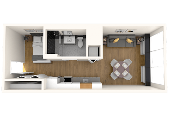 A modern living room with a grey sofa and a wooden cabinet.