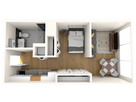 A 3D rendered image of a small, modern bedroom with a bed, nightstand, and shelves.