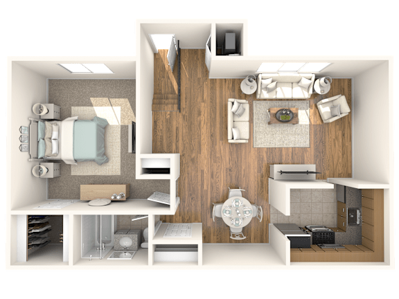 A 3D rendered image of a small apartment layout.