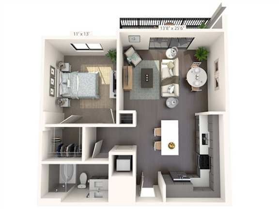 A 11x13 floor plan of a modern apartment with a kitchen, living room, and bedroom.