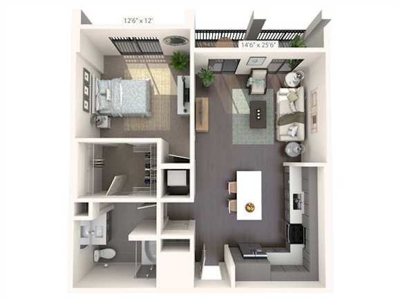 A floor plan of a small apartment with a bedroom and a living area.