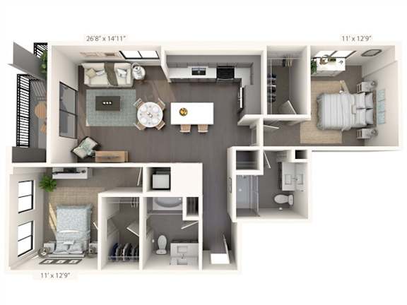 A floor plan of a small apartment with a kitchen, living room, and bathroom.
