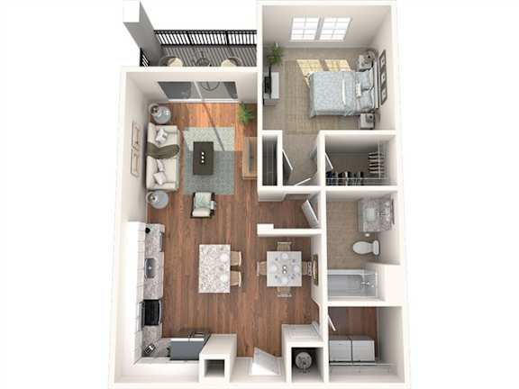 A top-down view of a modern apartment layout.