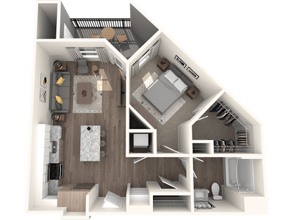 A 3D rendered image of a house layout.