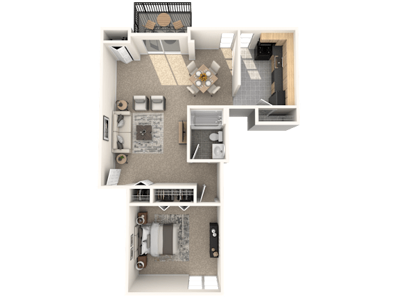 A floor plan of a house with a kitchen, living room, dining room, and two bedrooms.