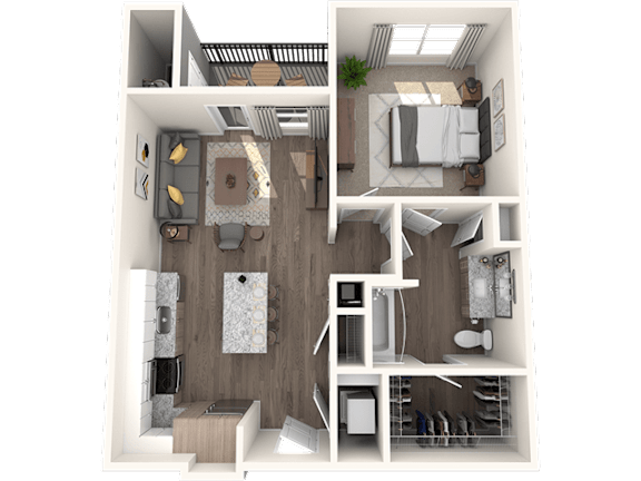 A 3D rendered image of a small apartment layout.