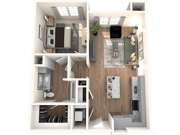 A 3D rendered image of a modern apartment layout.