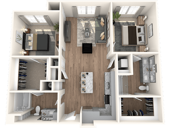 A 3D floor plan of a small apartment with a kitchen, living room, and two bedrooms.