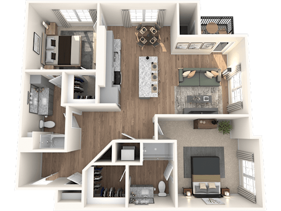 A 3D floor plan of a house with a living room, kitchen, and two bedrooms.