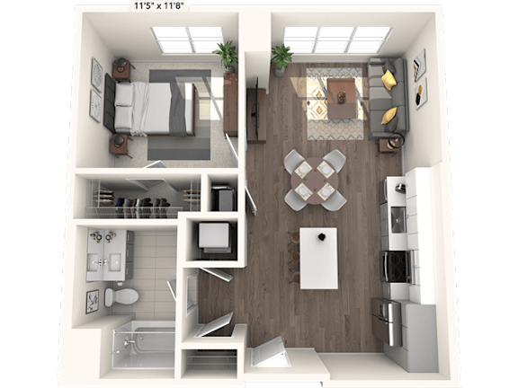 A 3D floor plan of a small apartment with a kitchen, living room, and bathroom.