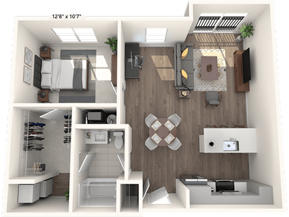A 3D floor plan of a small apartment with a kitchen, living room, and bathroom.
