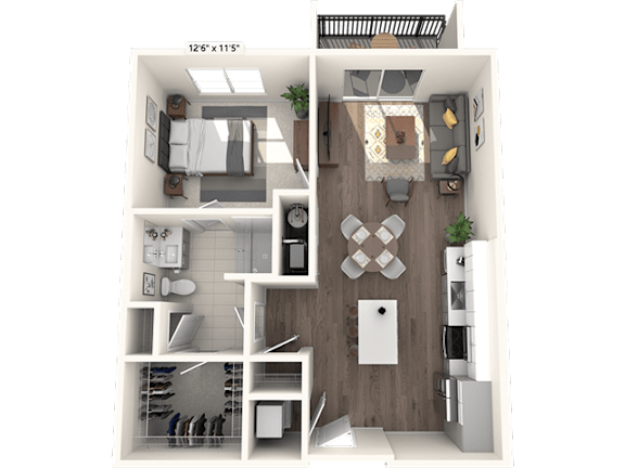 A 3D floor plan of a small apartment with a kitchen, living room, and bedroom.