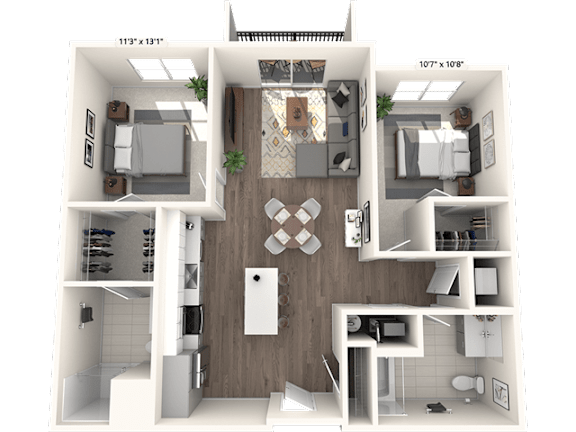 A 11'3" x 13'1" floor plan of a house with a kitchen, living room, dining room, and two bedrooms.