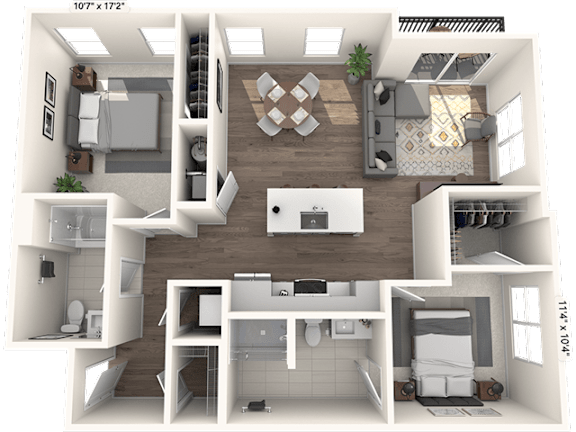 A 3D floor plan of a small apartment with a kitchen, living room, and bathroom.