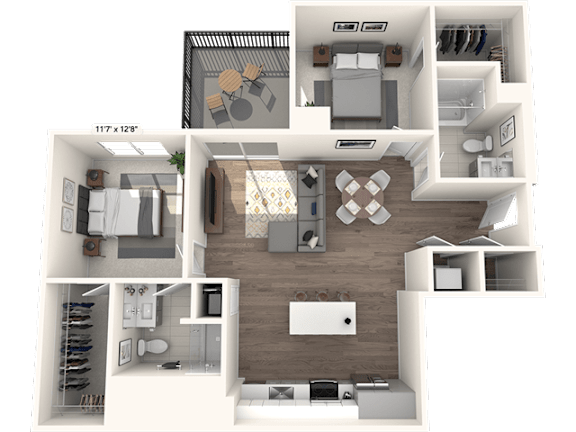 A 3D floor plan of a small apartment with a kitchen, living room, and bedroom.
