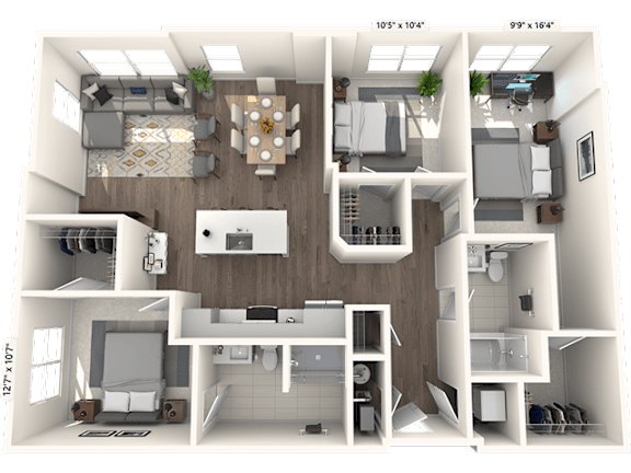 A 3D floor plan of a house with a living room, dining room, kitchen, and bathrooms.