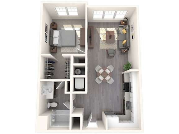 A top-down view of a small, well-organized apartment with a kitchen, living room, and bathroom.