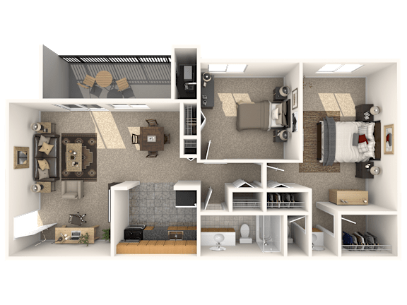 A 3D rendered image of a small apartment layout.