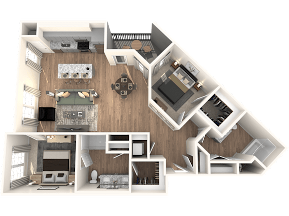 A 3D floor plan of a house with various rooms and furniture.