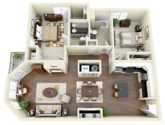 A 3D floor plan of a house with a living room, kitchen, and two bedrooms.