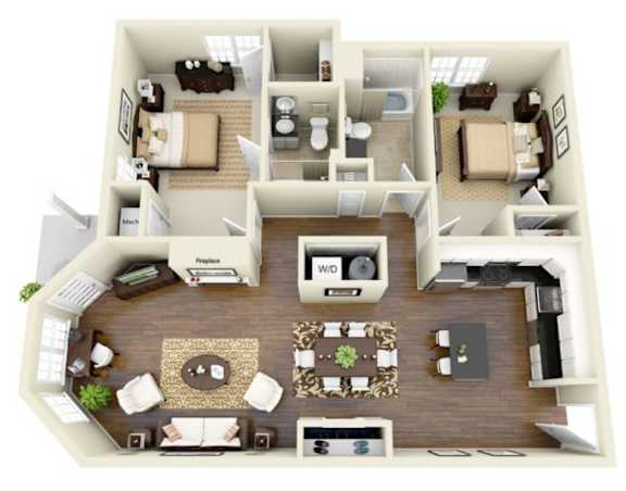 A top-down view of a house layout with a living room, dining area, kitchen, and bedrooms.